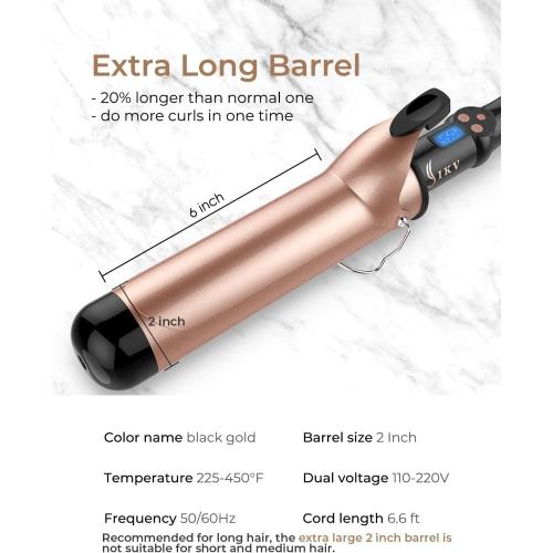 2 Inch Curling Iron Extra Long Barrel for Long Hair, Large Barrel Curling Wand Ceramic Tourmaline with LCD Display,10 Temps, Dual Voltage