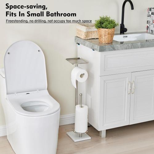 Toilet Paper Holder with Shelf, Free Standing Toilet Paper Holder with Storage - Toilet Paper Stand for Holding Extra 3 Rolls, Tissue Holder for Bathroom (Brushed Nickel with Marble Base)
