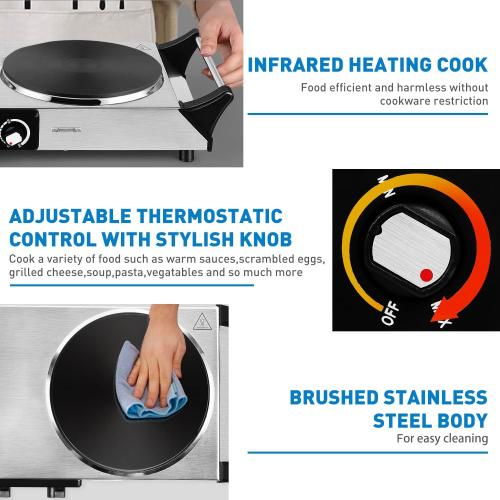 Hot Plate, Techwood 1800W Portable Electric Stove for Cooking Countertop Dual Burners with Adjustable Temperature & Handles, 7.5” Cooktop for Home/RV/Camp, Compatible for All Cookwares, Silver