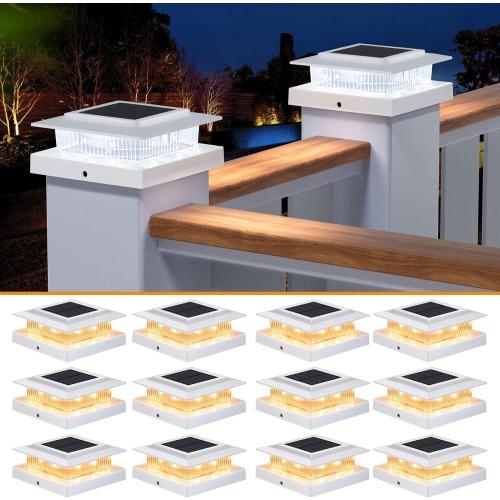 Post Cap Lights 12pack, 4x4 Deck Fence Post Solar Lights Outdoor with Warm White Lighting,White Waterproof Solar Post Lights for Vinyl/Wood Posts to Decorate Fence, Deck,Garden, Patio