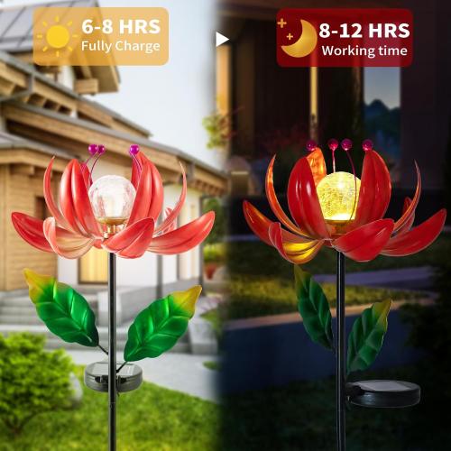 Color Red Solar Lights Outdoor Garden Decor, Solar Wind Spinner Yard Decorations for Outside, Lotus Windmill Pathway Lights with LED Cracked Crystal Ball Waterproof Flower Sculpture for Patio Lawn Garden Gifts