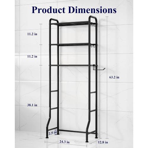 Kitsure Over Toilet Storage Rack - Metal Over Toilet Bathroom Organizer Shelf, Over the Toilet Storage Cabinet with Paper Holder and Hooks, Bathroom Cabinet for Laundry, Black, 3 Tiers (63.2 H)
