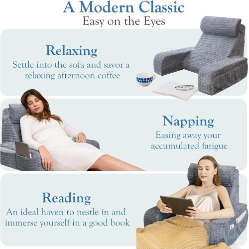 Color Grey Selectico Reading Pillow for Bed, Back Pillow for Bed Sitting up, Big Pockets & Built-in Arms, Backrest Cushion, Wedge Support for Reclining/Reading/Resting/Watching TV, Washable Cover, Grey