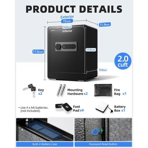 Black DAYI Biometric Fingerprint Safe Box, 2.0 Cubic Feet Home Safes with Fireproof Bag, Digital Touchpad Security Safe for Money Cash Documents, Dual Alarm System - DF-45