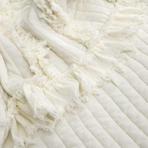 Ultra Soft Pre-Washed Quilted Boho Cream Queen Size Blankets for Bed, Ruffle Fringed Decorative Throw, Stone Washed Chic Rustic Blanket for Sofa Couch Bed, 90*90