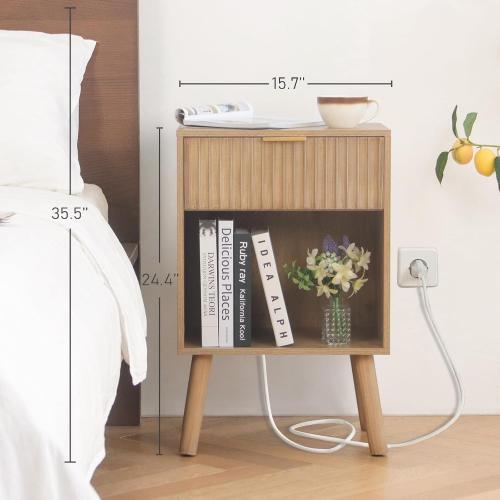 Wood Nightstand with Charging Station, Bedside Table with Fluted Drawers and Outlet, Boho Night Stand for Bedroom, Living Room, Office (Rustic Walnut)