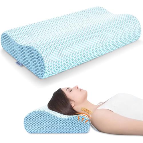Anvo Memory Foam Pillow, Neck Contour Cervical Orthopedic Bed Pillow for Sleeping Side Back Stomach Sleeper, Ergonomic Design for Neck and Shoulder Pain Relief, Blue White, Soft (See the picture For the color)