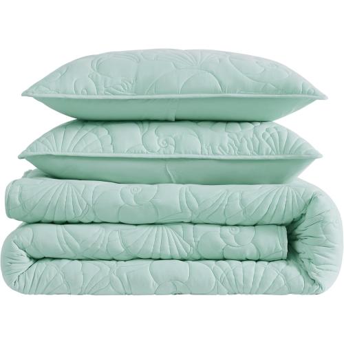 WDCOZY Coastal Beach Queen Size Quilt Bedding Sets, Seafoam Green Nautical Tropical Ocean Bedspread, Scallop Seashell Soft Coverlet, Lightweight Summer Thin Comforter for All Season