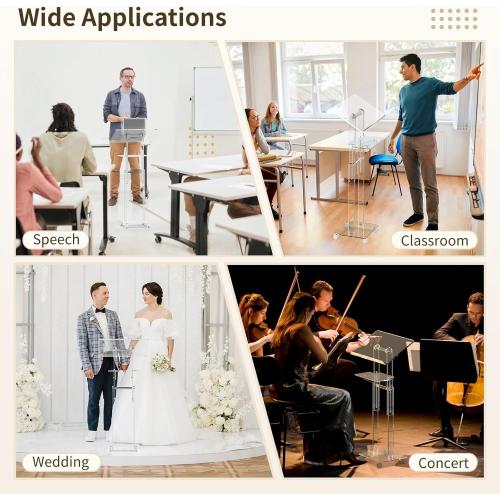 Acrylic Podium Stand Portable, Rolling Podium with Wheels, Clear Podium with Storage Shelf, Lockable Wheels, Adjustable Height pulpits for Churches, Classroom, Weddings, Speech