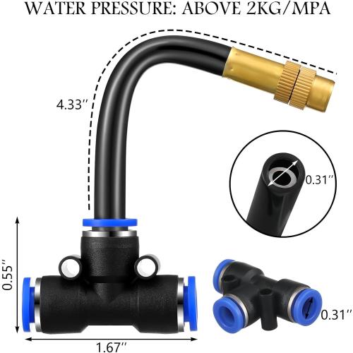 Zonon 10 Pcs Brass Misting Nozzles Tee with 4 Built in Hose for 0.32/8 mm Tubing 360 Degree Rotation Adjustable Water Mister Nozzle Thread Sprayer Misting Part Accessories for Patio Outdoor Cooling