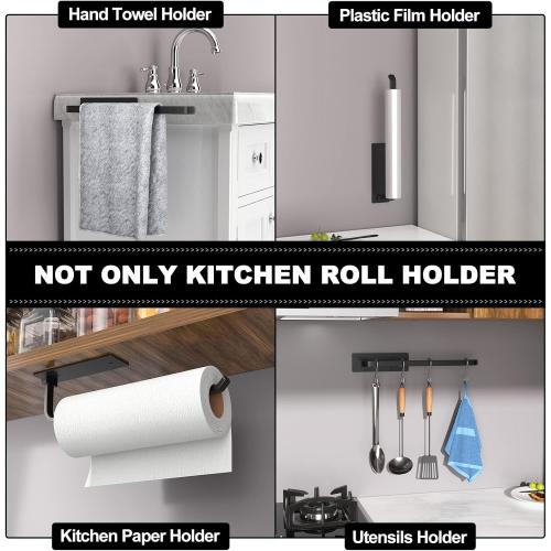 Paper Towel Holder - Self-Adhesive or Drilling, Matte Black | Under-Cabinet or Wall-Mounted | Kitchen Roll Dispenser | Upgraded Aluminum | Lighter Yet Stronger Than Stainless Steel