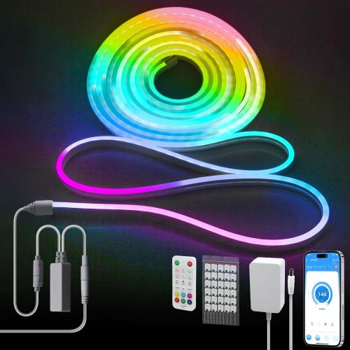 ALITOVE 32.8ft Neon LED Strip Lights Kit Music Sync Dynamic Color Effects RGB IC Neon Rope Light Bluetooth APP Control Flexible Outdoor Waterproof LED Rope Lights for Home Bedroom Gaming Decor