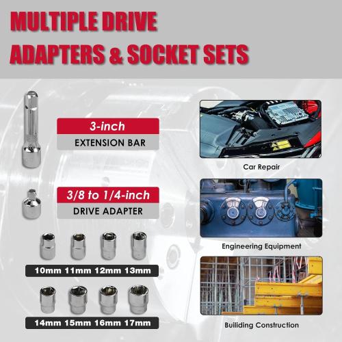 KITLUCK Cordless Electric Ratchet Wrench Set, 3/8 12V Extended Power Ratchet Tool Kit, 41 Ft-Lbs Cordless Ratchet with 8 Sockets, 1/4 adapter, LED Light, 2-Pack 2000mAh Battery And Charger