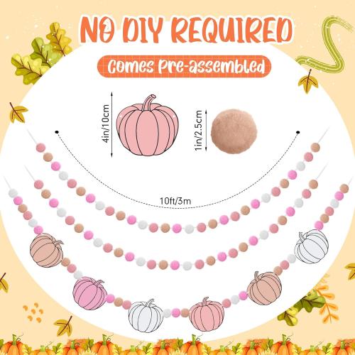 Breling 3 Pcs 10 ft Fall Felt Ball Garlands Pink Pumpkin Felt Pom Pom Banner Autumn Pumpkin Garland Decorations Festive Harvest Hanging Decorations for Fall Thanksgiving Home Wall Mantle Hanging Decor
