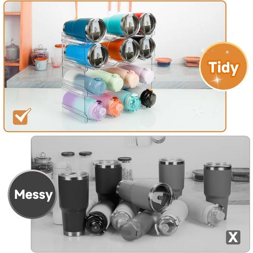 Stackable Water Bottle Organizer, Large Compartment Water Bottle Holder, 4 Tier Clear Water Bottle Organizer for Cabinet, Bottle Rack for Kitchen Organization and Storage - Hold 16 Bottles