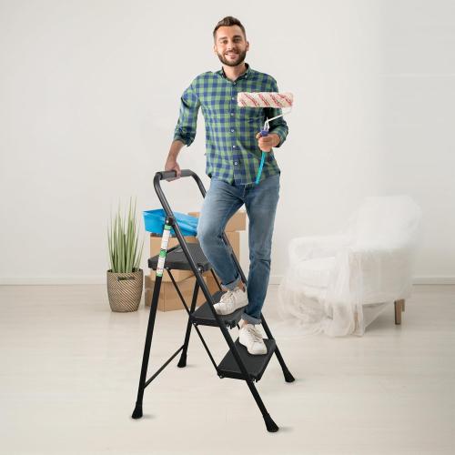 Black 3 Step Ladder, Protable Steel Folding Stool with Wide Anti-Slip Pedal, 500lbs Sturdy Steel Ladder