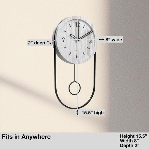 Driini Decorative Wall Clock with Pendulum (White) – Modern Wood, 3D Gold Numbers, Metal Frame – Small, Unique Wall Clocks for Living Room Decor or Bathroom - Battery Operated, Silent, Non-Ticking