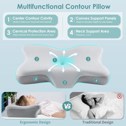BESYODO Cervical Neck Pillow, Ergonomic Memory Foam Cervical Pillows, Contour Side Sleeper Pillows for Adults, Orthopedic Neck Support Pillow for Back Stomach Sleeper with Removable Pillowcase (Light Grey)