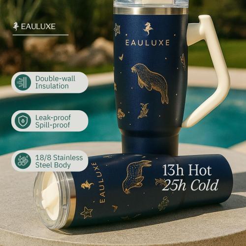 DriftFlow 40 oz Tumbler – 180° Rotating Handle & Rotating Straw Lid, Double-Wall 18/8 Stainless Steel, Leak-Proof, Keeps Drinks Hot 13h/Cold 25h – Midnight Blue with 3D Gold Embossing