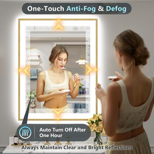 28x36 Gold LED Bathroom Mirror with Lights, Brushed Gold Framed Backlit and Front Lit Anti-Fog Lighted Vanity Mirrors for Bathroom Wall, Dimmable, 3 Colors, Memory, HD Tempered Glass, CRI＞90