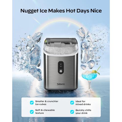 Nugget Countertop Ice Maker - Silonn Chewable Pellet Ice Machine with Self-Cleaning Function, 33lbs/24H, Ice Makers for Home Kitchen Office, Stainless Steel