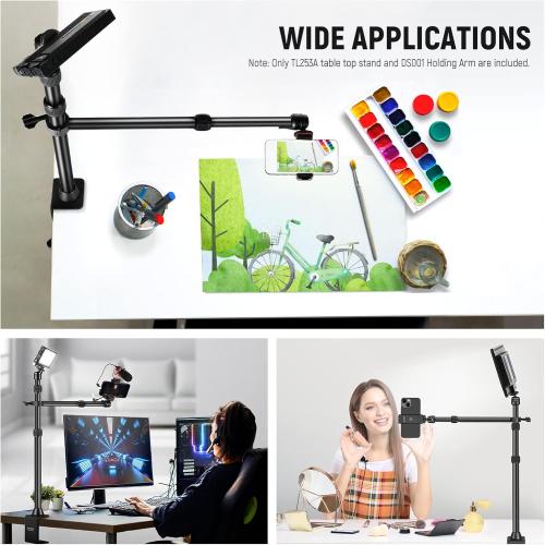 NEEWER TL253A DS001 Table Camera Tripod with 2 Telescopic Arms, Phone Holder, Ball Heads, Screw Adapter, Table Light Stand for Camera, Mobile Phone, Webcam, Ring Light