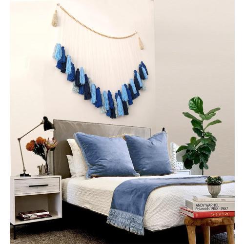 LVOPO Large Macrame Wall Hanging, Boho Wall Decor with Wood Beads, Bohemian Woven Wall Tapestry, Room Colorful Tassels Wall Art - Blue - 48 W x 36 H
