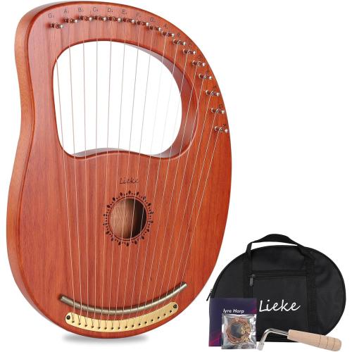 LIEKE Lyre Harp 16 Strings with Bag Tuning Wrench,Metal Strings,Mahogany Body and Copper Saddle,Professional Lyre Harp instrument Gift for Beginner Musician