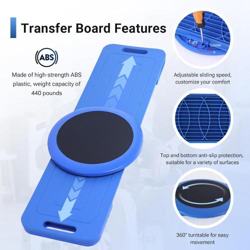 LOSCHEN Slide Transfer Board with Turntable, Slide Assist Device for Transferring or Seniors from Wheelchair to Bed, Toilet, Tub, Car - Slide Board with Turntable（Blue 35inch）