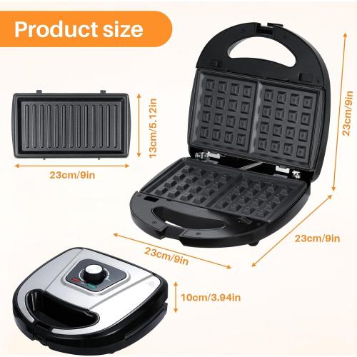 3-in-1 Waffle Maker with Removable Plates, Breakfast Sandwich Press Precise 210°F-450°F/100°C-230°C Control, Easy Clean, Meet Various Needs (3-in-1 Waffle Maker)