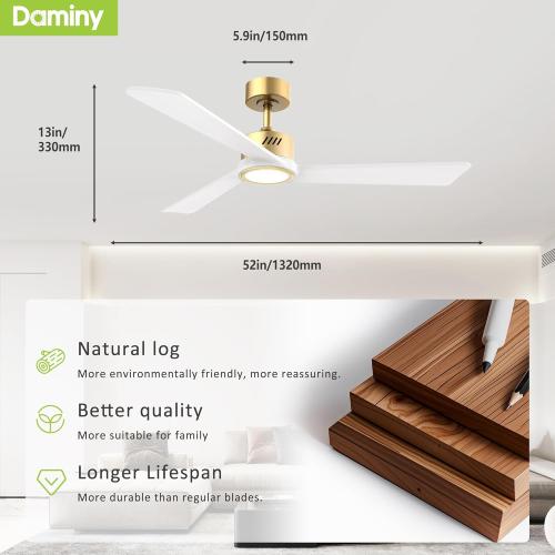 DAMINY Natural Solid Wood White and Gold 52 inch Ceiling Fan with Light,3 Blades,6CCT,Low Profile Ceiling Fan with Light and Remote Control