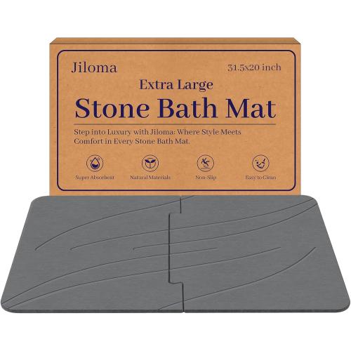 Jiloma 32 * 20 Stone Bath Mat Extra Large Diatomaceous Earth Non-Slip Shower Mat Quick Drying Diatomite Stone Mats for Bathroom Floor/Ktichen Counter Super Absorbent Natural Easy to Clean Grey