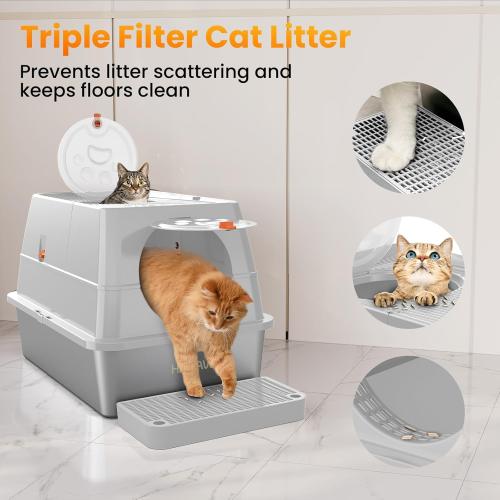Stainless Steel Litter Box with Lid, 135° Flip-Top Extra Large Cat Litter Pan, Enclosed Metal Litter Box with Litter Scoop & Filter Pedal,Odor Free, Front & Top Dual Entry