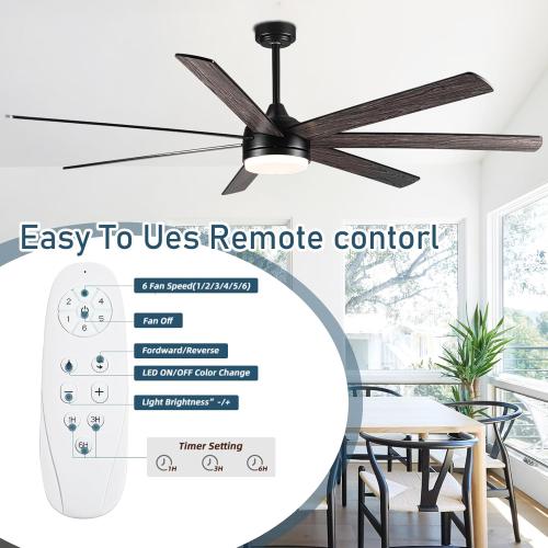 72 Inch Ceiling Fans with Lights and Remote,Large Ceiling Fan with 7 Blades,Reversible, Dimmable,Indoor and Outdoor Ceiling Fan with 12 and 18 Downrods for Bedroom, Living Room, Patio