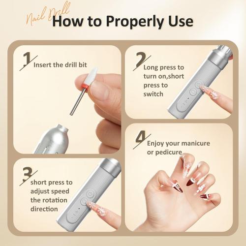 WHITE Electric Nail File, Cordless Nail Drill with 12pcs Bits, Professional 6 Speeds Manicure Kit for Women for Acrylic Gel Nails, Portable E-File with Rechargeable Base, Polishing Grinder for Salon Home