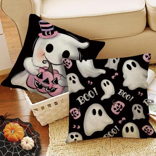 Halloween Spooky Ghost Boo Decorative Throw Pillow Covers 18 x 18 Set of 4, Black Pink Jack O Lantern Pumpkin Porch Outdoor Home Decor, Funny Spider Web Polka Dots Couch Cushion Case