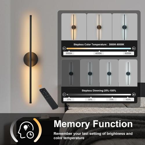 KARTOOSH Removable Battery Operated Wall Sconces Set of Two | 28.3 Inch Black Wireless Wall Sconces with Remote 350°Rotate 3 CCT & Dimming for Living Room, Bedroom, Hallway