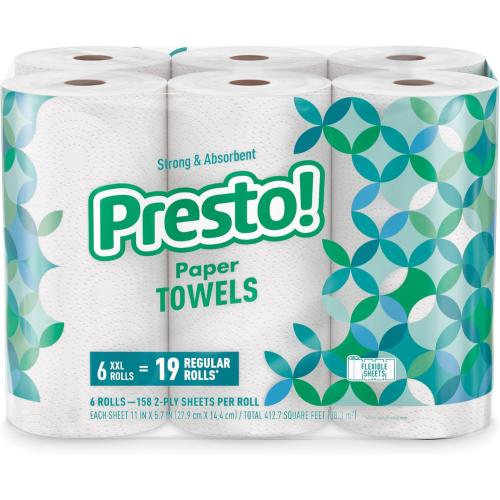 Amazon Brand - Presto! Flex-a-Size Paper Towels, 158 Sheet Huge Roll, 12 Rolls (2 Packs of 6), Equivalent to 38 Regular Rolls, White