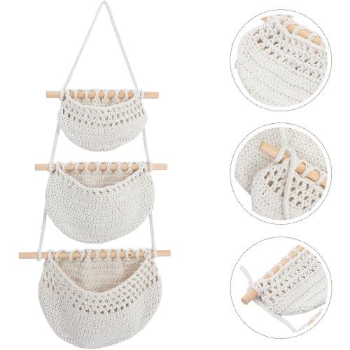 Convenient Fruit Basket Hanging Storage Basket Made of Cotton Rope and Wood with Practical Design and Fresh-keeping Feature for Living Room and Dining Room