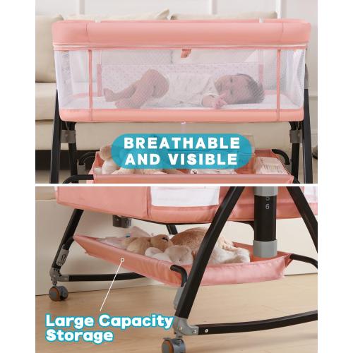 Bedside Bassinet for Baby, 3 in 1 Breathable Mesh Baby Bassinet, 6 Height Adjustable, Easy to Assemble, Bassinet Bedside Sleeper with Wheels, Mosquito Net, Storage Basket, Bassinets for Newborn Baby | Multi-functional