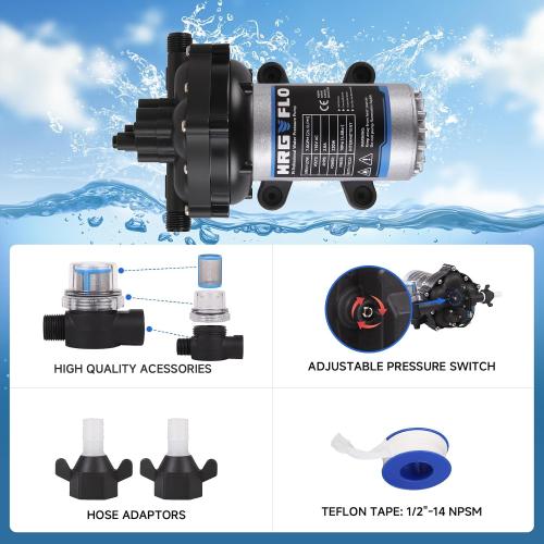 [Upgraded Version] 12V DC RV Fresh Water Pump, 7GPM 70PSI, Five Chamber Self-Priming Diaphragm Pump with Heavy Duty Pressure Switch & Strainer (12V-7GPM-70PSI)