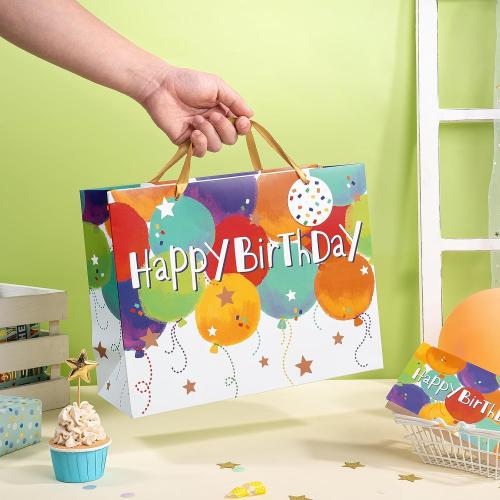 Loveinside Colorful Birthday Gift Bag, Balloons Pattern with HAPPY BIRTHDAY Text, Matching Tissue Paper, Greeting Card and Tag, Ideal for Kids' Birthday Gifts, 13 x 5 x 10, 1 Pcs