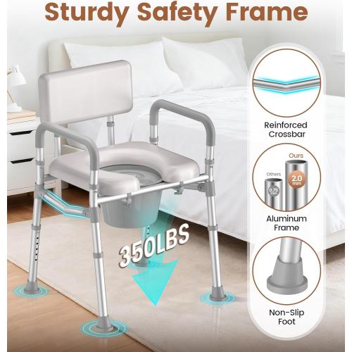 SOUNDFUSE Bedside Commode Chair with Padded Seat and Backrest, Aluminum Dual-Crossbar, Height Adjustable, Portable Toilet for Seniors and Adults, Potty Bucket and Splash Guard, 350 lbs Weight Capacity