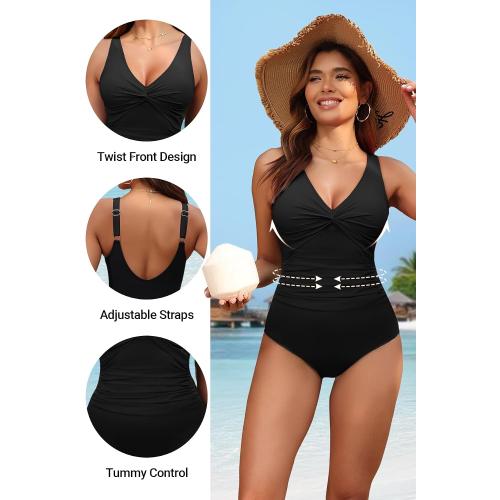 Holipick Women Medium Black Tummy Control One Piece Swimsuit - Push Up Bathing Suit Full Coverage Slimming Swimwear