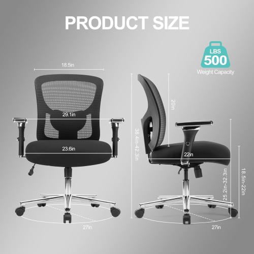 Big and Tall Office Chair 500LBS, Heavy Duty Ergonomic Computer Desk Chair Mesh Executive Task Chair with Adjustable Lumbar Support Wide Comfy Seat and 4D Armrests for Home Office, Black