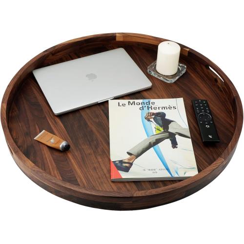 26 Inches Extra Large Round Black Walnut Wood Ottoman Tray with Handles, Serve Tea, Coffee, Classic Circular Wooden Decorative Serving Tray