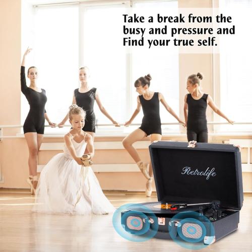 Record Player Wireless Portable Suitcase Vinyl Player with Built-in Speakers Retro Style Record Player for Vinyl Records 3-Speed RCA Line Out AUX in Vintage Turntable Upgrade Black