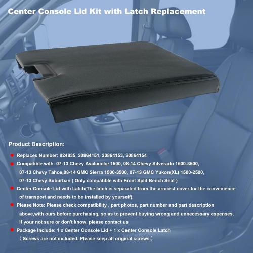 Center Console Lid Fit 2008-2014 Chevy Silverado GMC Sierra 1500/2500/3500 | 2007-2013 Chevy Tahoe/Avalanche,2008-2014 GMC Yukon(XL),with Latch,Replace #20864151,Color Black