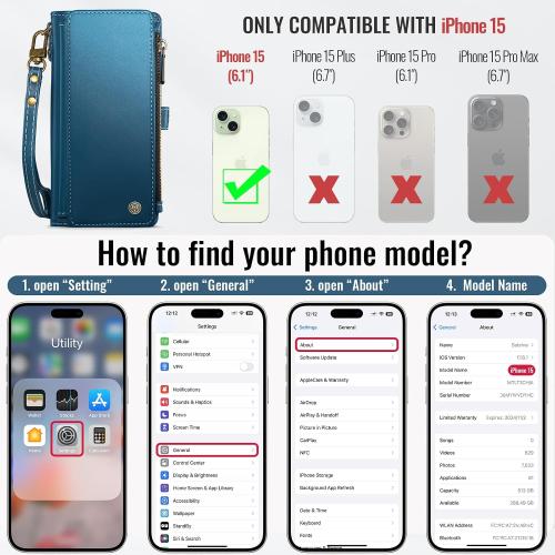 Defencase for iPhone 15 Wallet Case with RFID Blocking Card Holder, Blue