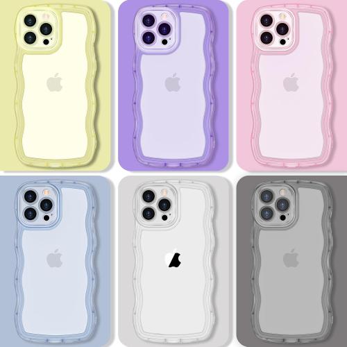Clear Pink Anuck for iPhone 15 Pro Case Wavy Edge Clear Back Design, Anti-Slip Grip Cute Wave Curly Frame Shape Shockproof Soft TPU & Hard Bumper Protective Phone Case Cover for Women Girls